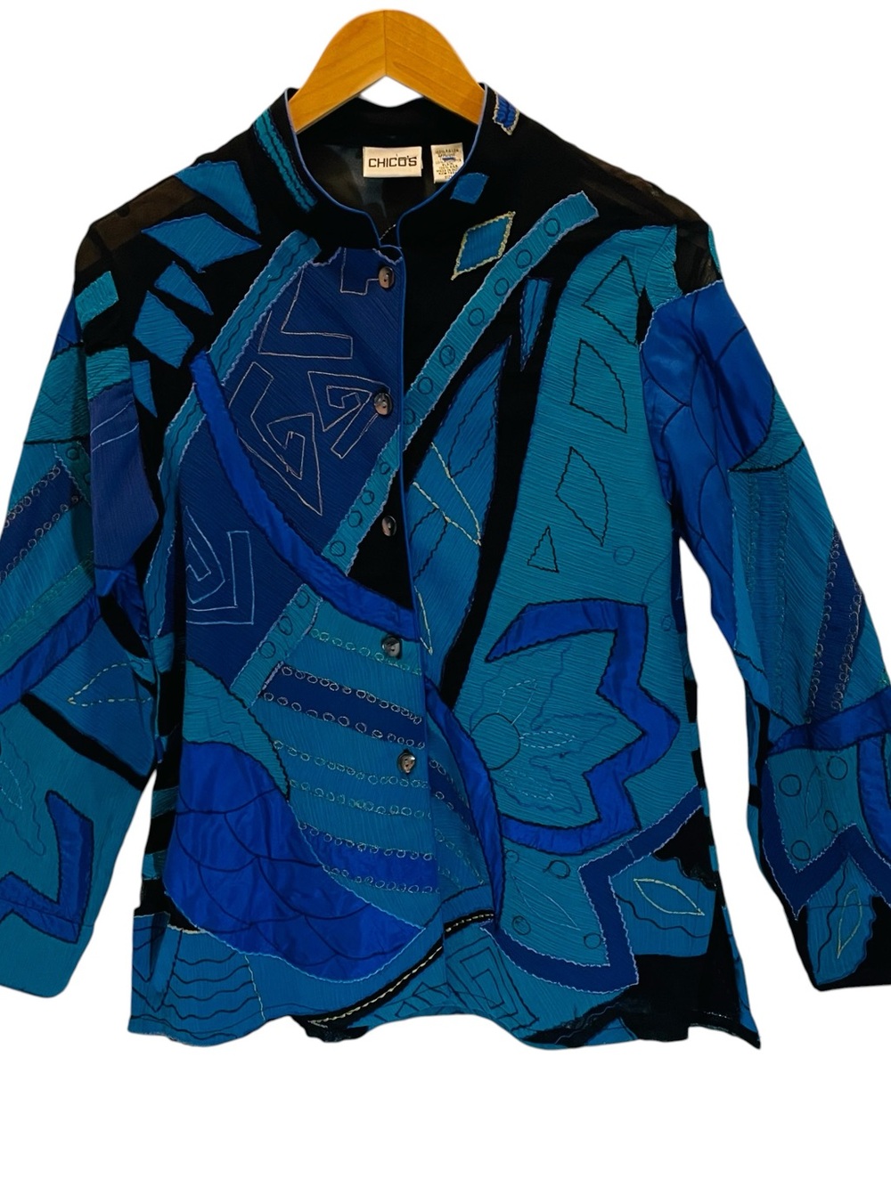 Chico's Vintage Abstract Silk & Polyester Chiffon Applique Jacket Top Black Teal